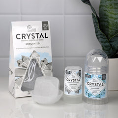 Crystal Essence unscented deodorant stick closeup—hypoallergenic and quick-drying.