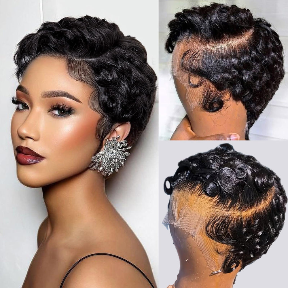 CrystalHair short curly pixie front view shows natural, lightweight daily-wear appeal.
