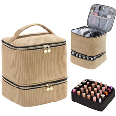 CTWWFS corduroy nail polish organizer upper compartment stores lamp, cord, and files for easy travel.