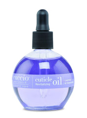 Cuccio Naturale Cuticle Revitalizing Oil bottle close-up shows lavender-chamomile hydration for nails