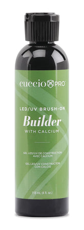 Cuccio Pro Builder Gel calcium bottle closeup showing strength-building properties.