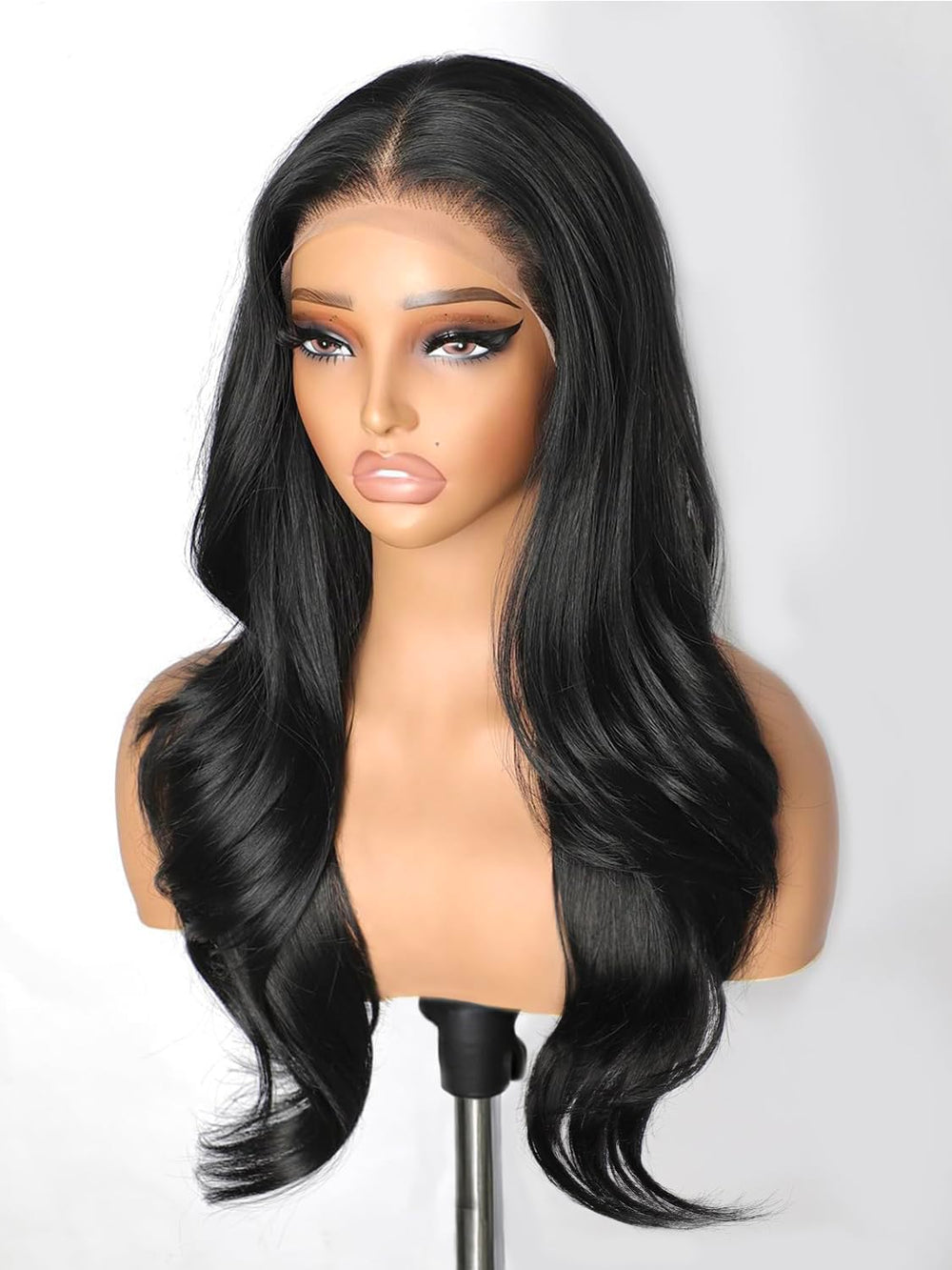 Cuiud black synthetic lace front wig 26inch layered waves for daily wear