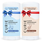 Curie natural deodorant bottle close-up highlighting aluminum-free protection.