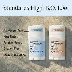 Curie Coconut Nectar Warm Vanilla deodorant on bathroom counter with soft lighting.