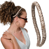 Curlfriend Collective Gray Daze headband wrapped in Mulberry silk reduces frizz and glides through curls