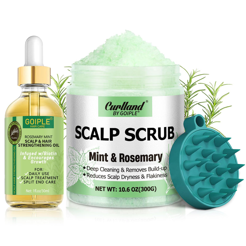Curlland rosemary-scalp-exfoliator bottle refreshing scalp and removing buildup.