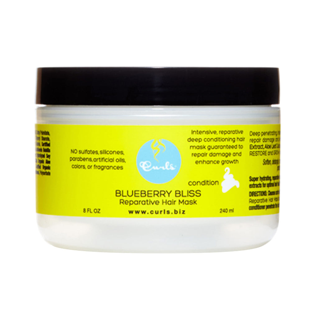 Curls Blueberry Bliss Reparative Hair Mask jar highlights deep moisture for curls.