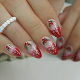 CurvLife soft gel medium press on nails in red French snowflakes for festive DIY manicure.