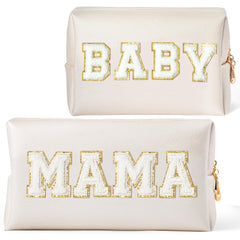 CY2SIDE MAMA and BABY makeup bags in white with chenille patches for organized travel.