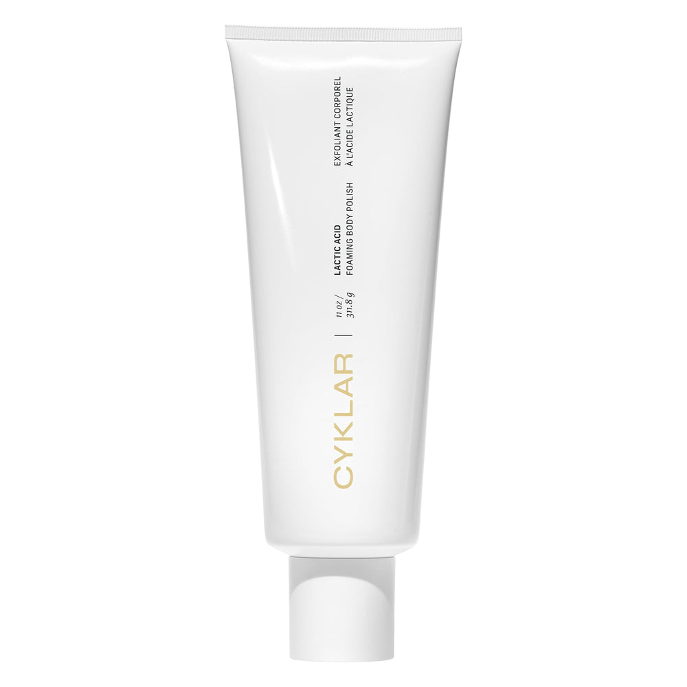 CYKLAR Cyklar lactic acid foaming body polish bottle with fragrance-free, gentle exfoliation.