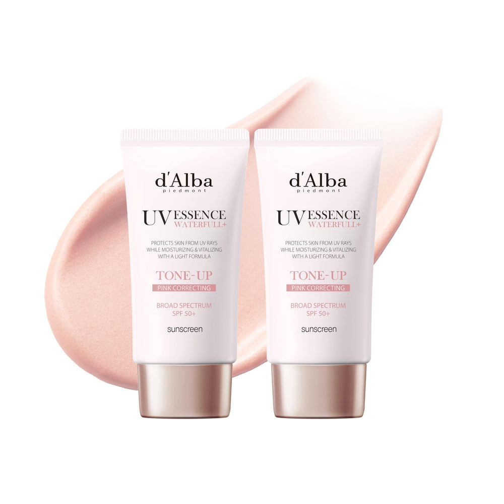 d'alba Piedmont Waterfull Tone-Up Sunscreen Serum packaging shows sleek bottle and pink glow for all skin tones