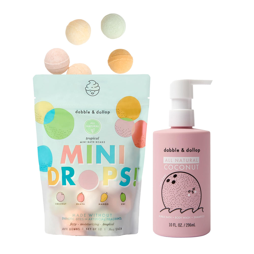 Dabble & Dollop tropical mini bath bombs pack; festive fizz for kids' baths.