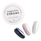 Daily Charme Magic White Chrome Powder jar showing pearlescent finish for nails