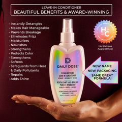 Daily Dose leave-in conditioner mist being applied to damp hair for detangling.