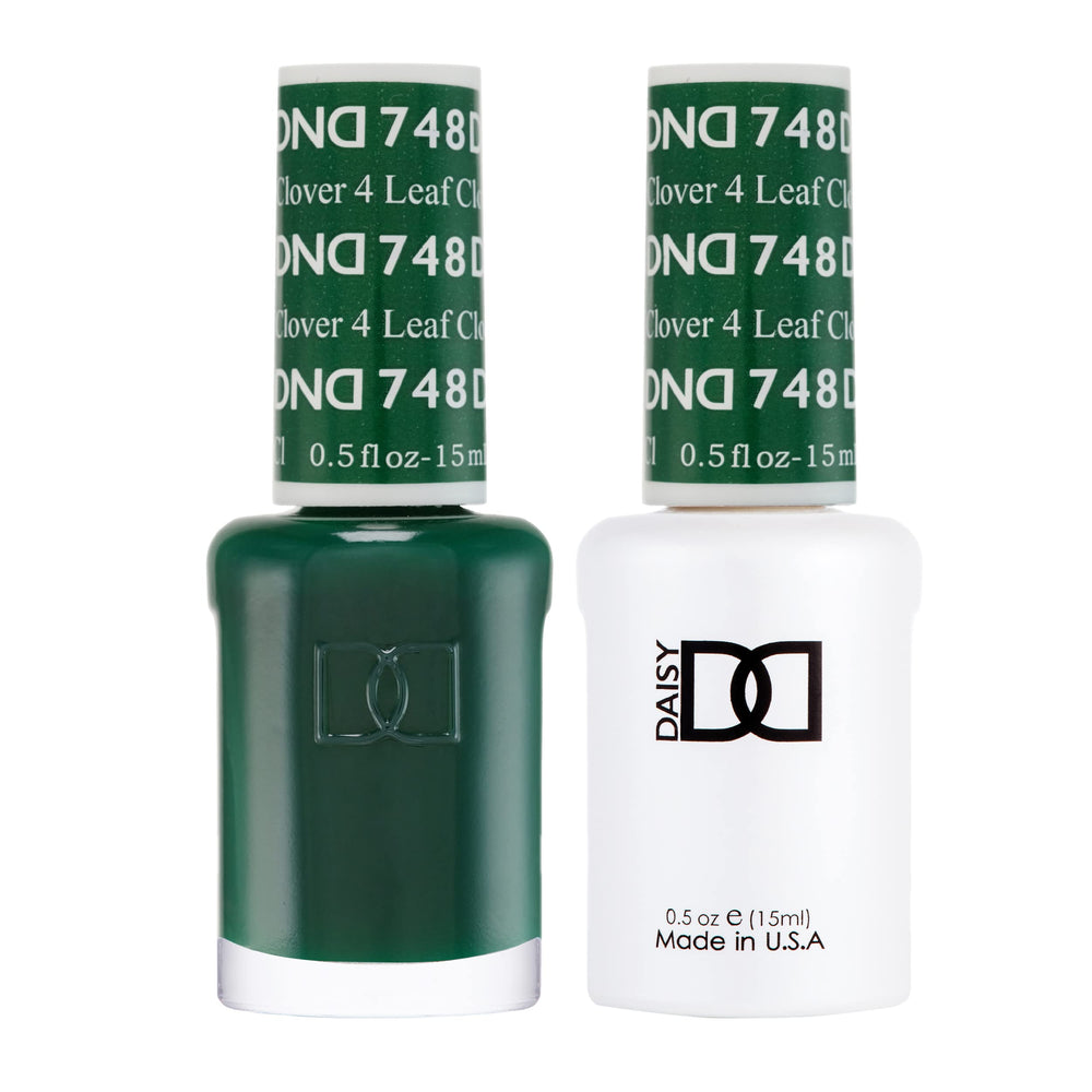 Daisy DND 4 Leaf Clover gel polish bottle shows forest green shade for chic nails.