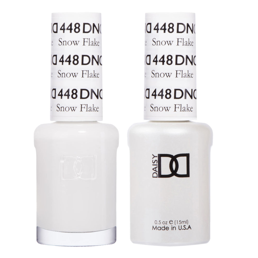 DAISY DND Snow Flake 448 bottle closeup showing creamy white gel polish for smooth coverage