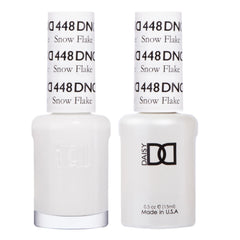 DAISY DND Snow Flake 448 bottle closeup showing creamy white gel polish for smooth coverage