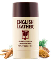 Dana English Leather deodorant stick front view shows long-lasting protection for daily wear.