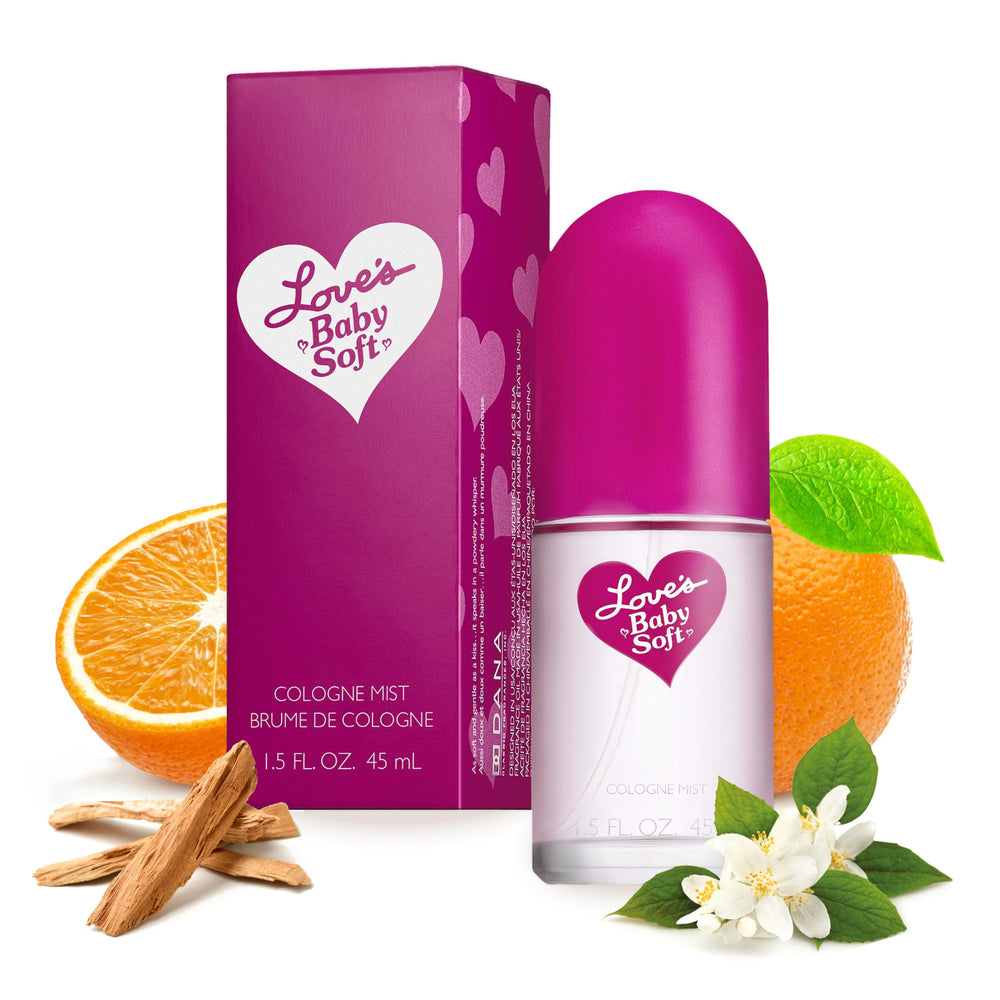 Dana Love's Baby Soft bottle closeup; powdery fragrance for daily freshening.
