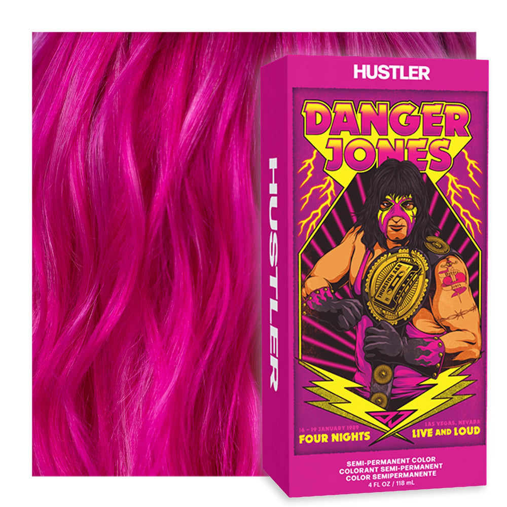 Danger Jones Hustler Pink bottle pour shows vibrant color with premium, fade-proof potential.