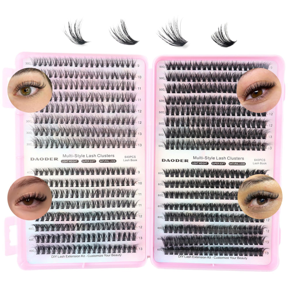 DAODER cluster lashes package offers 640-piece supply for long-lasting styling.