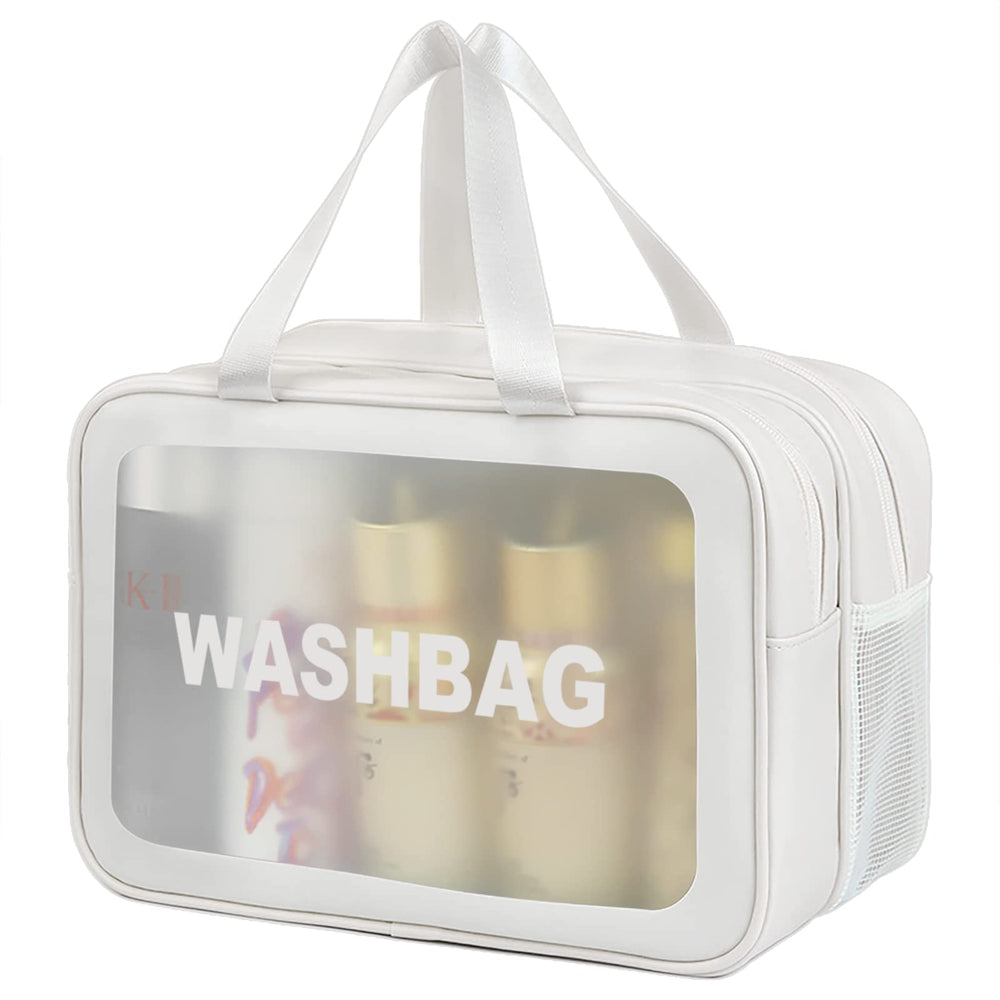 DAPOWER bolsa de higiene de viaje blanca XL, vista frontal, fácil acceso y organización.
