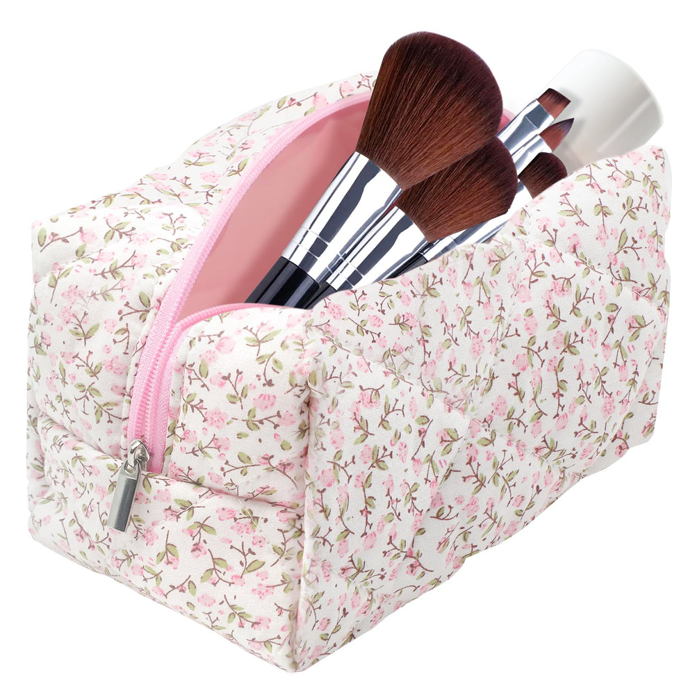 Dark Swan cotton quilted makeup bag with pink floral pattern, stylish travel companion.