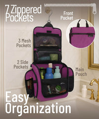 DD D&D Wanderlust hanging toiletry bag open compartments highlights organized storage for cosmetics and toiletries.