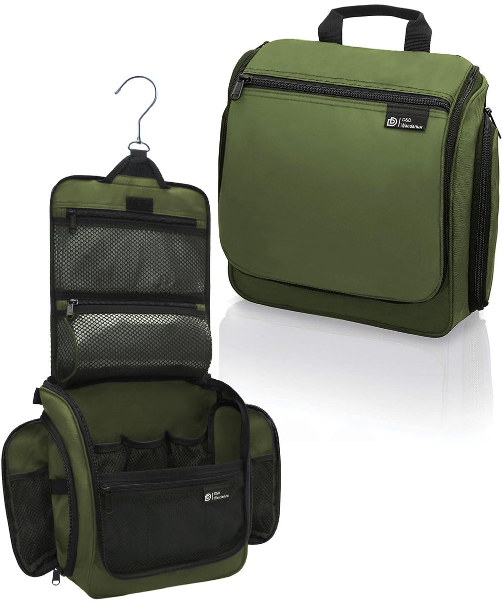 DD D&D Wanderlust hanging toiletry bag open reveals 10 compartments for quick item access.