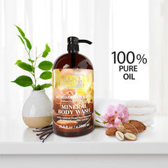 Dead Sea Collection Almond Vanilla Body Wash pour shot reveals rich lather and refreshing aroma