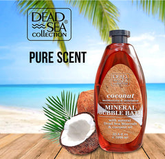 Dead Sea Collection coconut bubble bath label closeup highlights minerals and coconut oil.