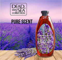 Dead Sea Collection lavender oil drops highlight premium minerals for skin nourishment.