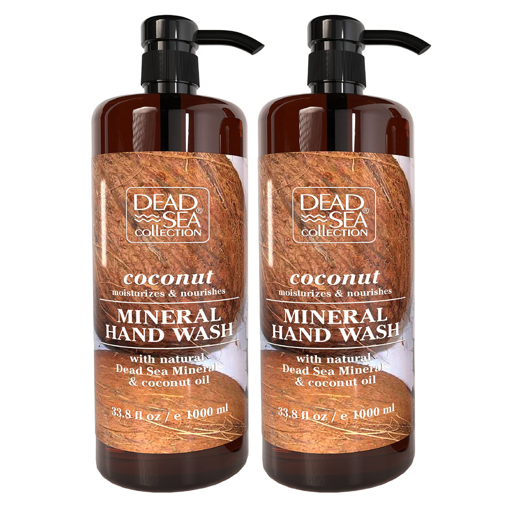Dead Sea Collection hand soap coconut—front bottle display, two-pack set promoting moisturizing cleansing.