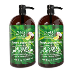Dead Sea Collection hemp coconut lime body wash bottle front shows mineral-rich formula for nourished skin.