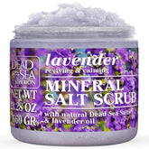 Dead Sea Collection Lavender Salt Scrub jar close-up for luxurious texture and hydration.