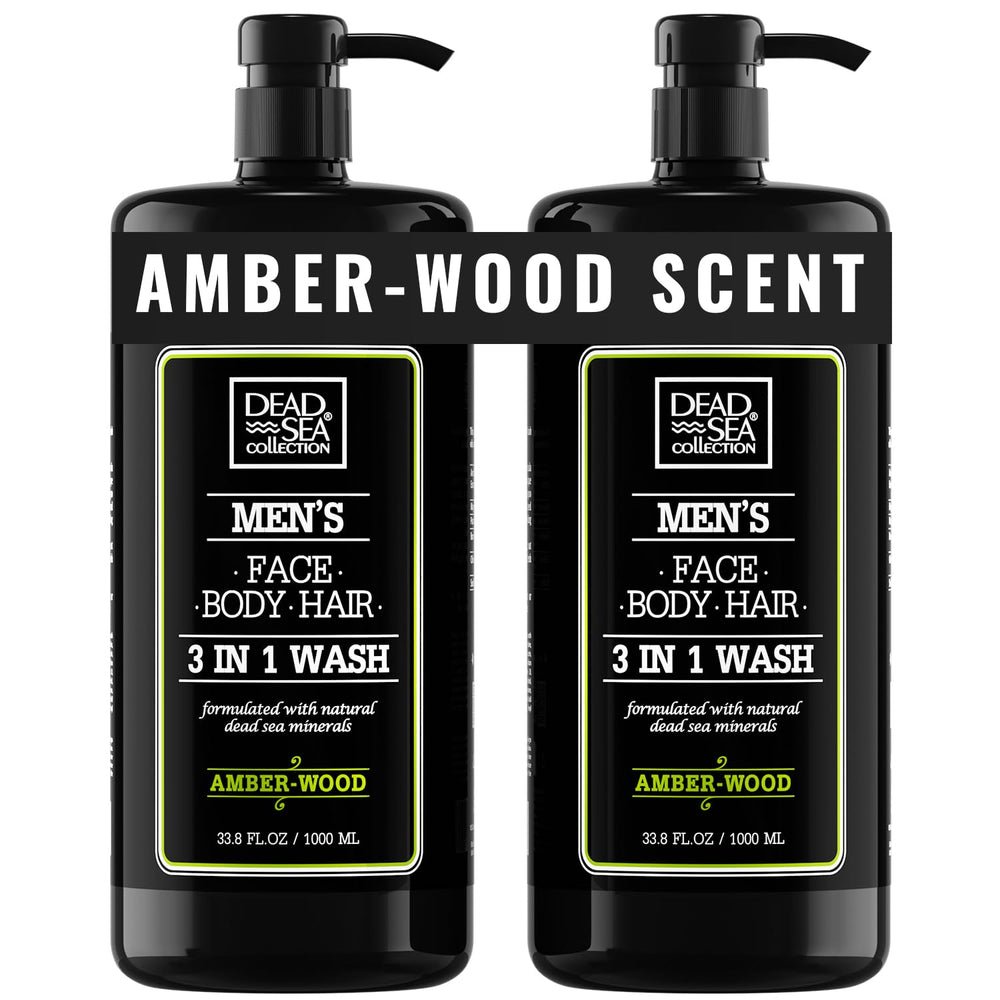 Dead Sea Collection men's body wash amber wood bottle pour shows easy one-hand use