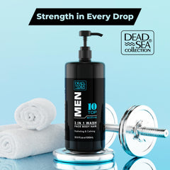 dead-sea-collection-top-10-active-mens-body-wash-sandalwood-pump close-up demonstrates easy one-handed dispensing.