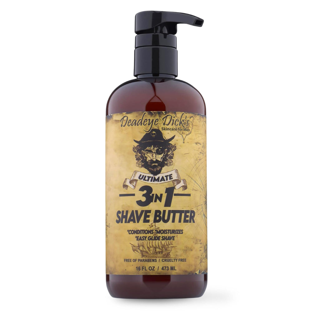 Deadeye Dick's 3-in-1 shave butter bottle close-up shows premium shaving quality