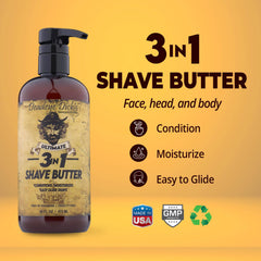 Deadeye Dick's shave butter jar exterior highlights all body shaving versatility