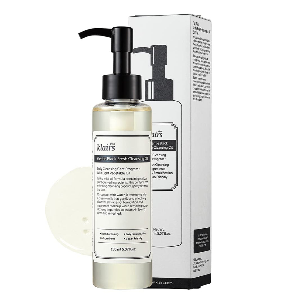 DearKlairs Gentle Black Fresh Cleansing Oil bottle demonstrates fragrance-free cleansing for oily sensitive skin