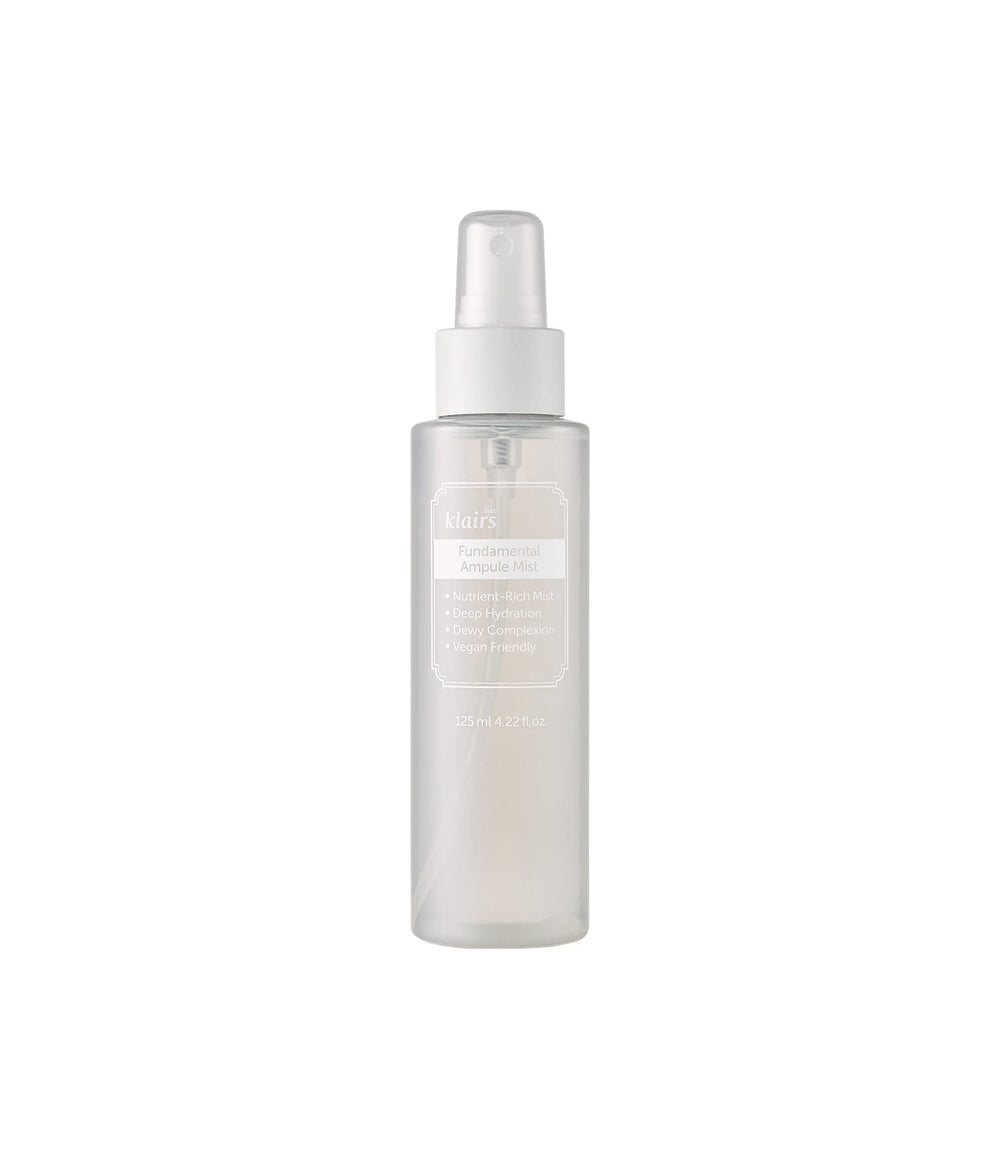 DearKlairs Fundamental Ampoule Mist bottle showing a hydrating finish for dewy skin.