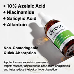 DearMYDEW serum pump-top closeup emphasizes precise application for targeted blemish control.
