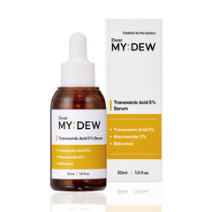 DearMYDEW serum bottle closeup shows fast-absorbing formula for daily use.