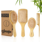 DEBETOOL bamboo hair brush wide-tooth close-up showing gentle detangling and scalp massage.