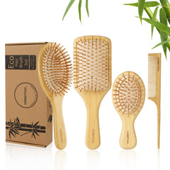 DEBETOOL bamboo hair brush wide-tooth close-up showing gentle detangling and scalp massage.