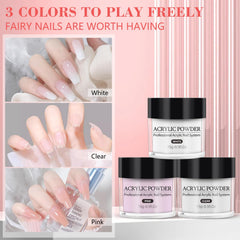 Deciniee acrylic powder clear provides transparent base for natural-looking nail art practice.