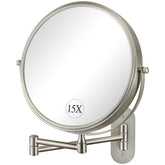 Decluttr 9in wall makeup mirror angled view showing 1x/15x precision for makeup