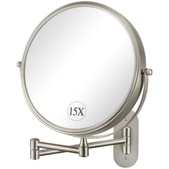 Decluttr 9in wall makeup mirror angled view showing 1x/15x precision for makeup