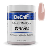 DeEnti acrylic nail powder cover pink 2oz bottle shows bubble-free, salon-quality finish.