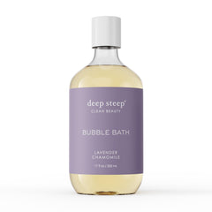 Deep Steep Bubble Bath Lavender Chamomile bottle demonstrates a soothing, relaxing soak.